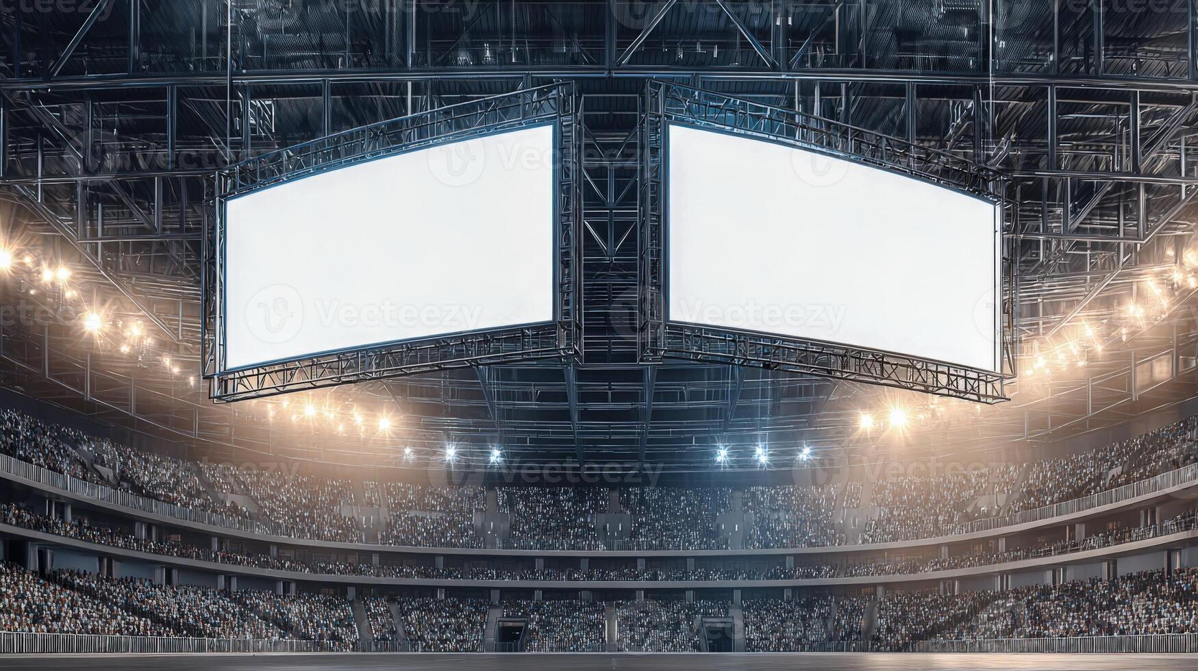 Stadium with Large Screens Displaying White Copy Space for Advertisements and Event Information photo
