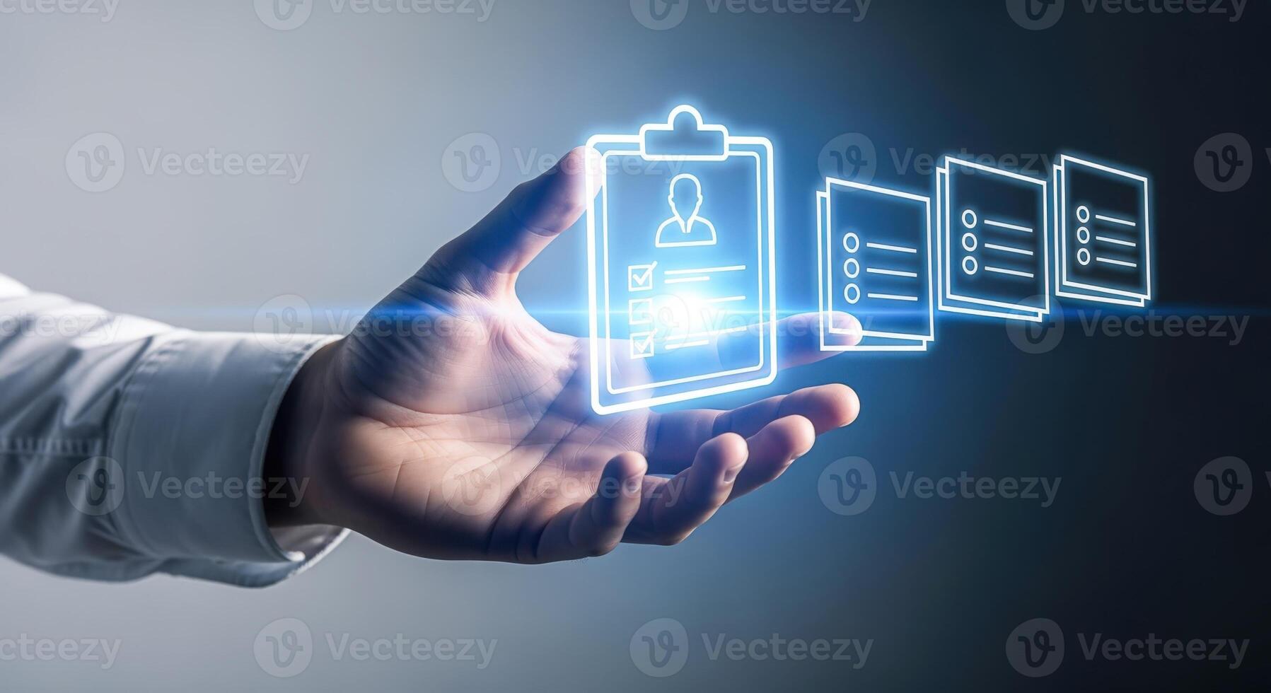 Digital Documents Management Concept Hand Presenting Information and Data with Glowing Interface in Dark Environment photo