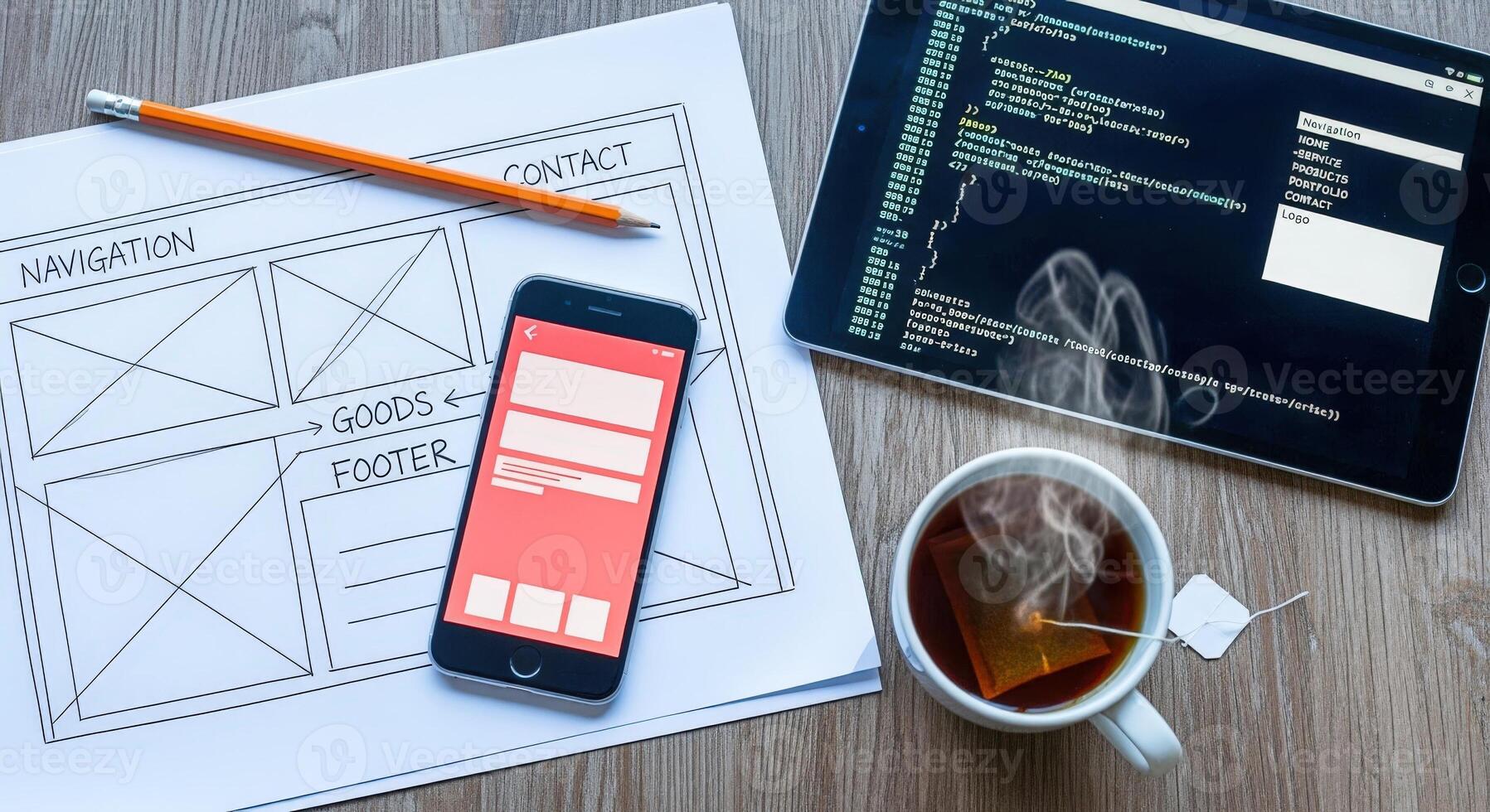 Website Design and Development Sketch, Mobile Phone, Tablet with Code, and Cup of Tea on Desk photo