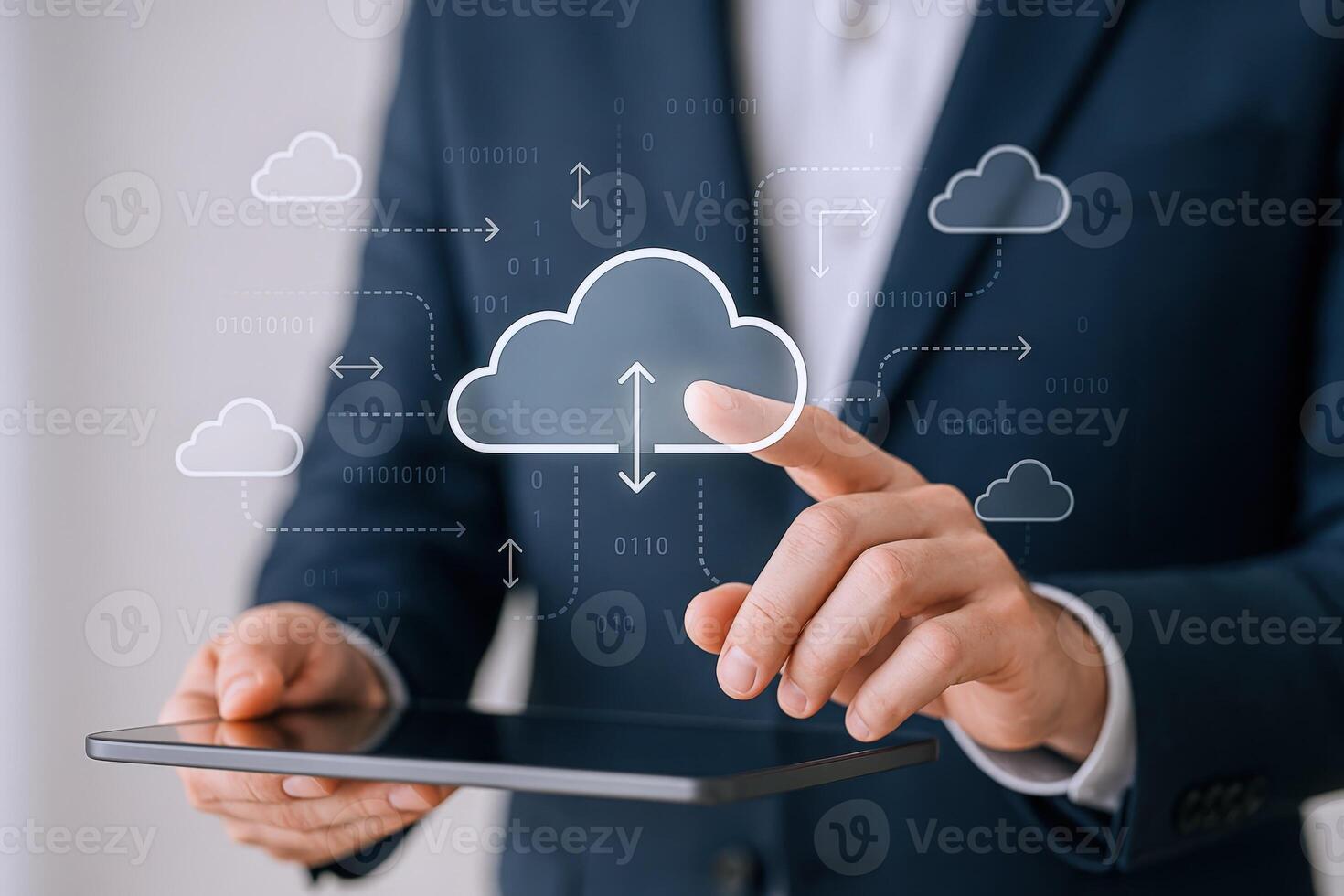 Cloud Computing Concept Man Interacting with Digital Cloud Interface on Tablet, Representing Modern Technology photo