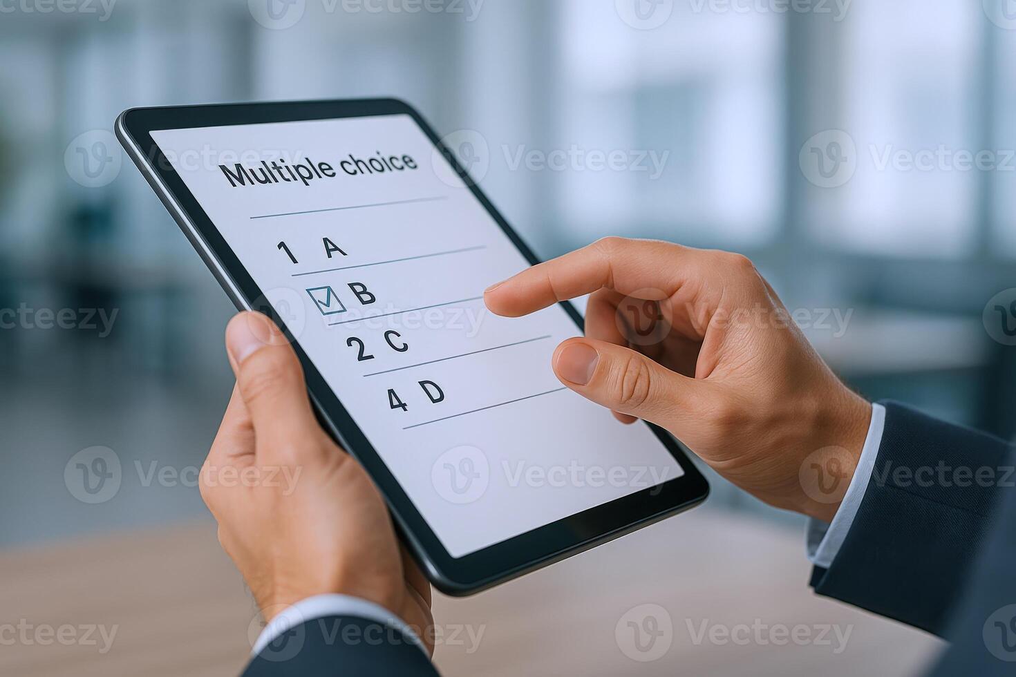 Man Completing Multiple Choice Exam On Tablet Device For Online Education And Technology Concepts photo