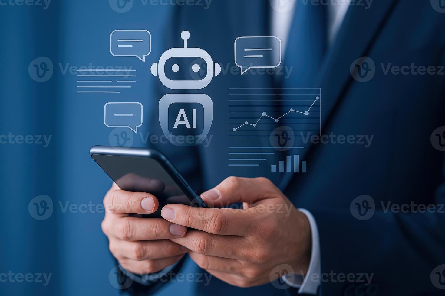 Artificial Intelligence Chatbot Concept Businessman Using Mobile Phone with AI Chat Interface for Business Solutions photo