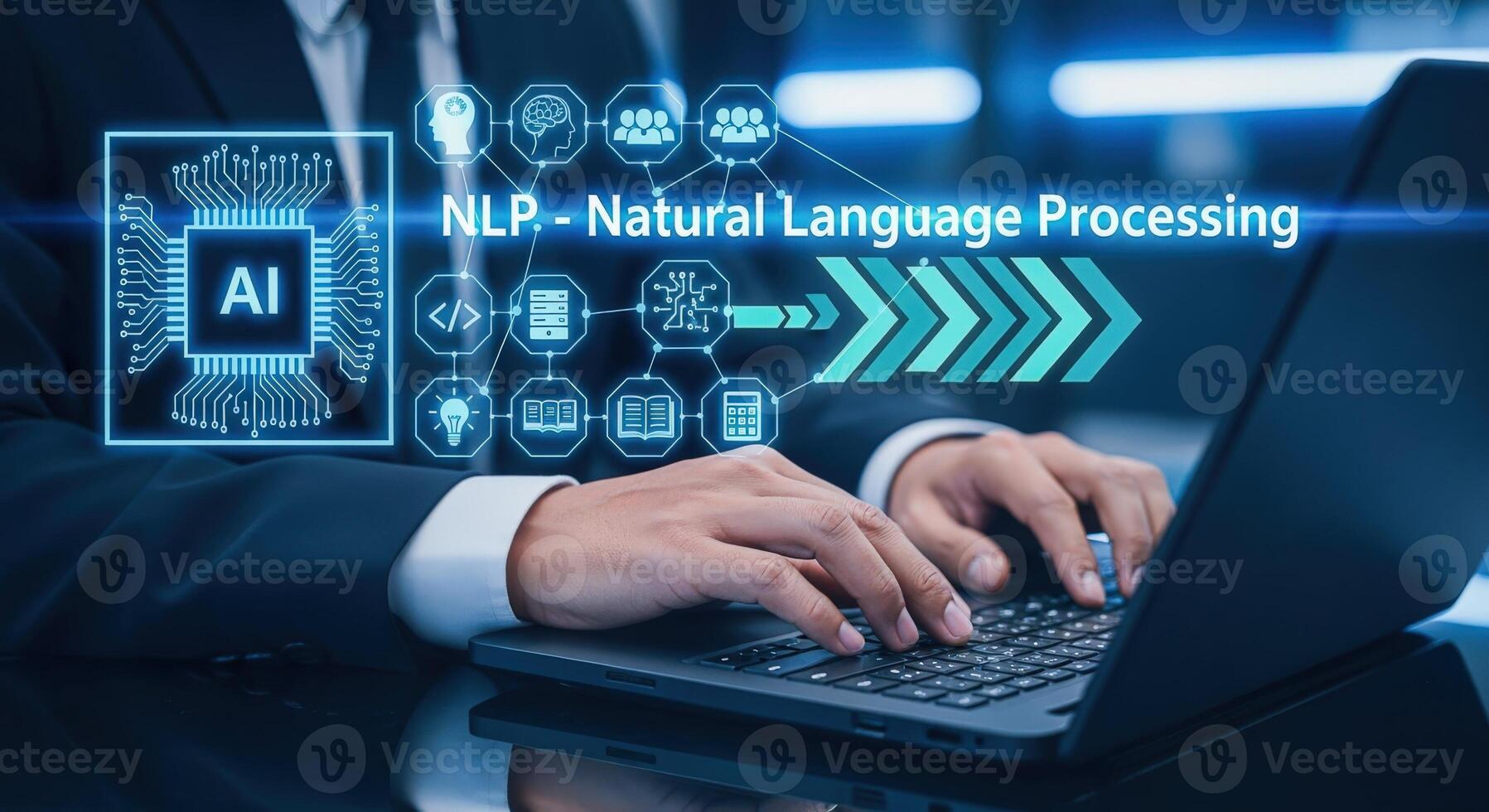 Natural Language Processing Concept Businessman Working on Laptop with AI Digital Interface Overlay for Machine Learning photo