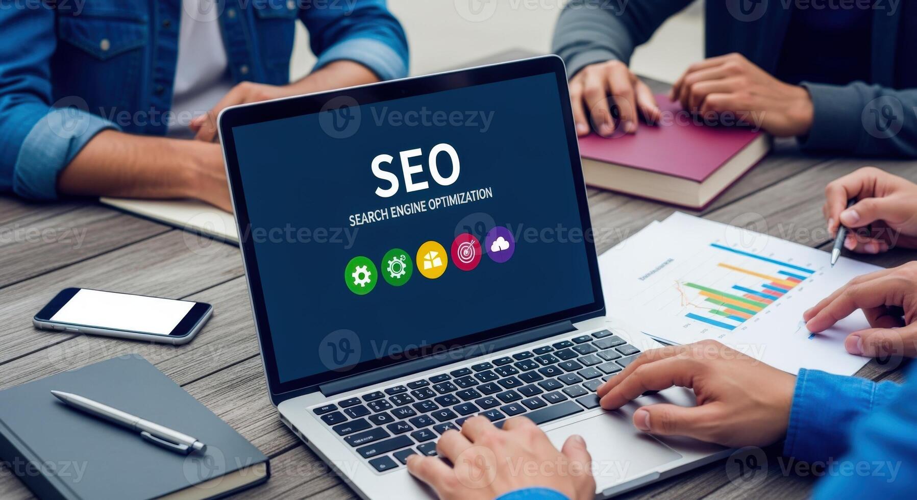 Team Optimizing Website SEO Strategy on Laptop Screen with Data Analytics and Collaboration in Office Setting photo