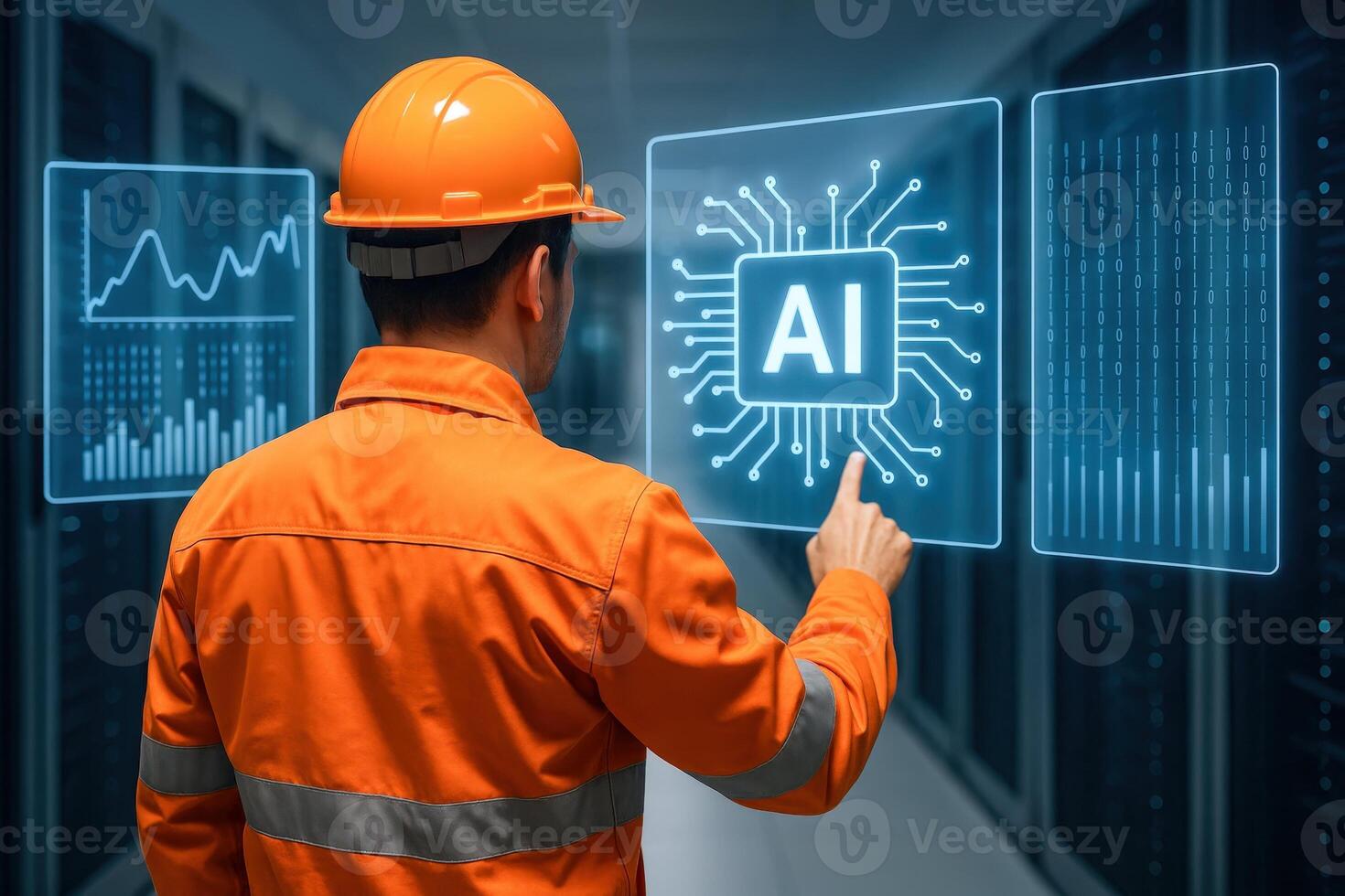 Engineer in Orange Uniform Analyzing AI Data Interface, Server Room Environment, Technology and Innovation photo