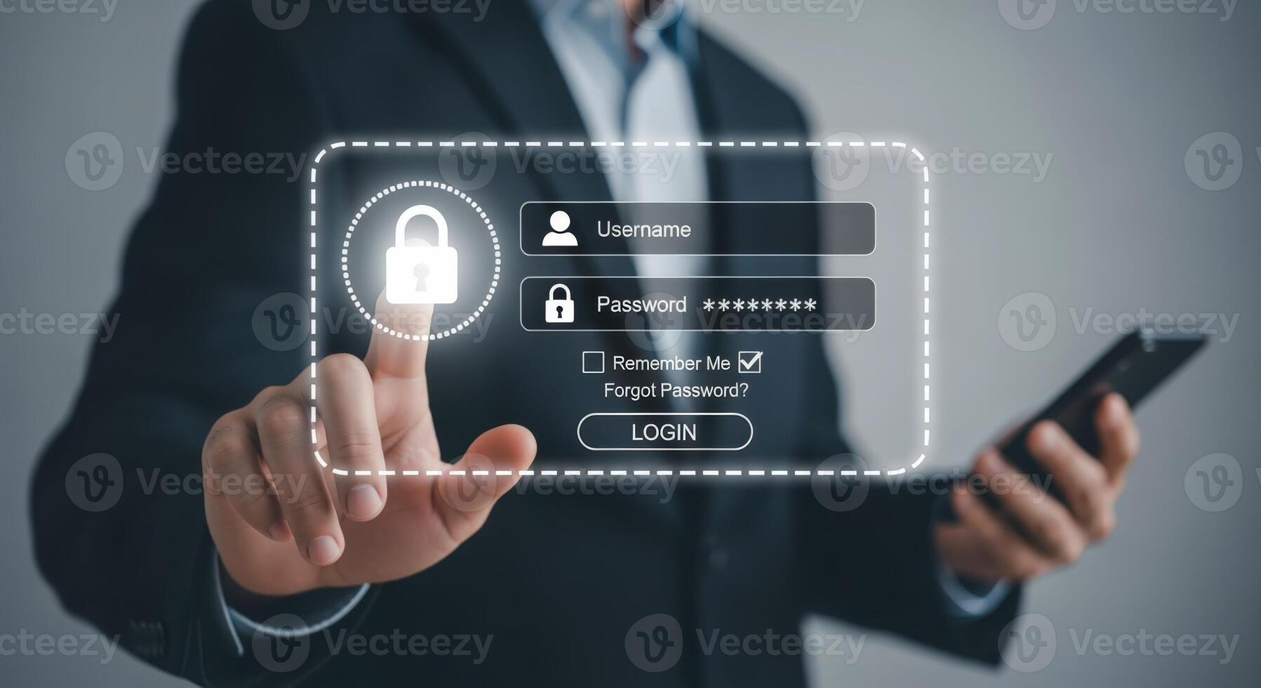 Man accessing secure online account on smartphone with digital login interface for verification photo