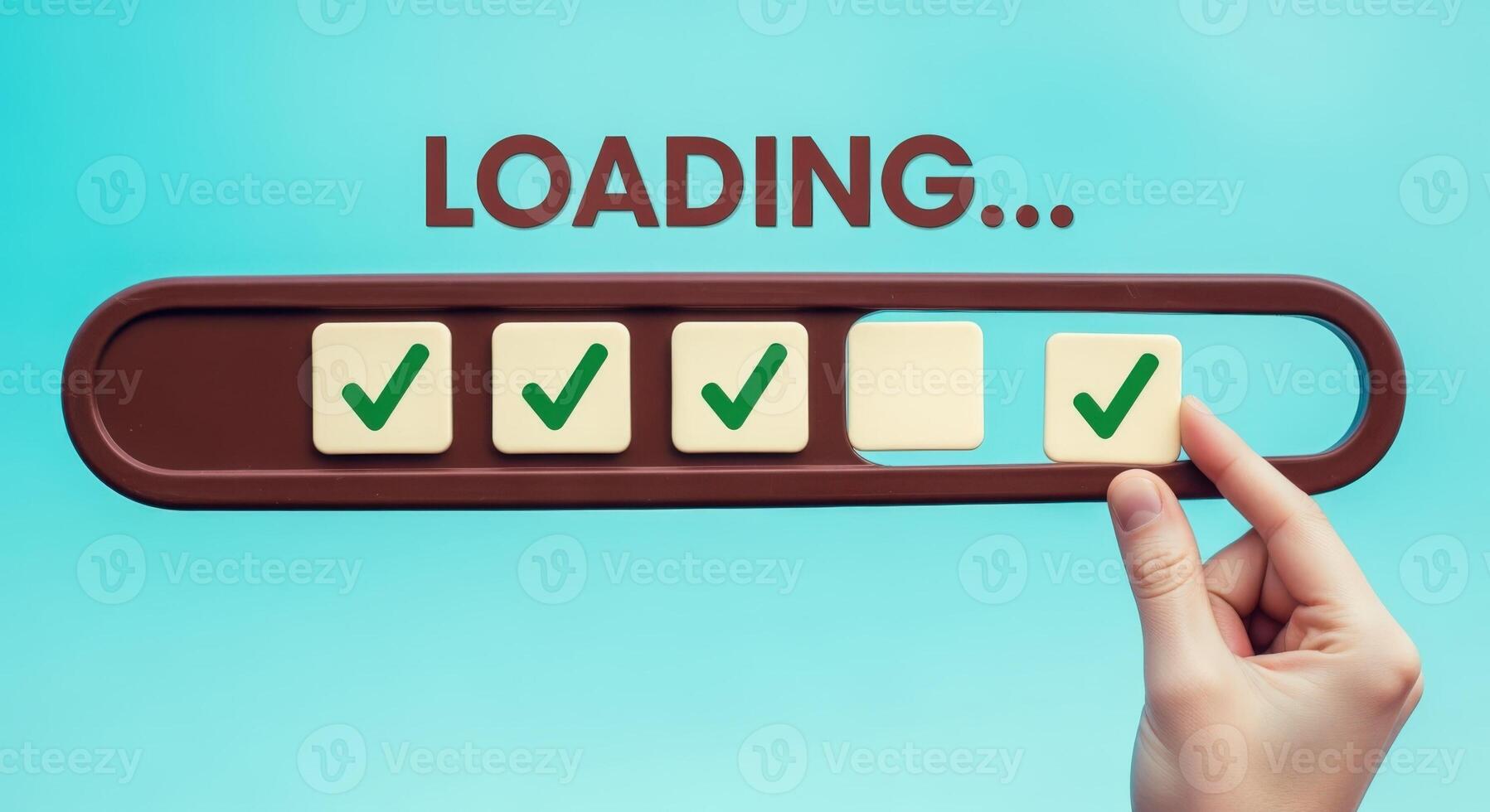 Loading Bar Completion Concept with Check Marks Progress Indicator, Download Symbol, and Hand Interaction photo
