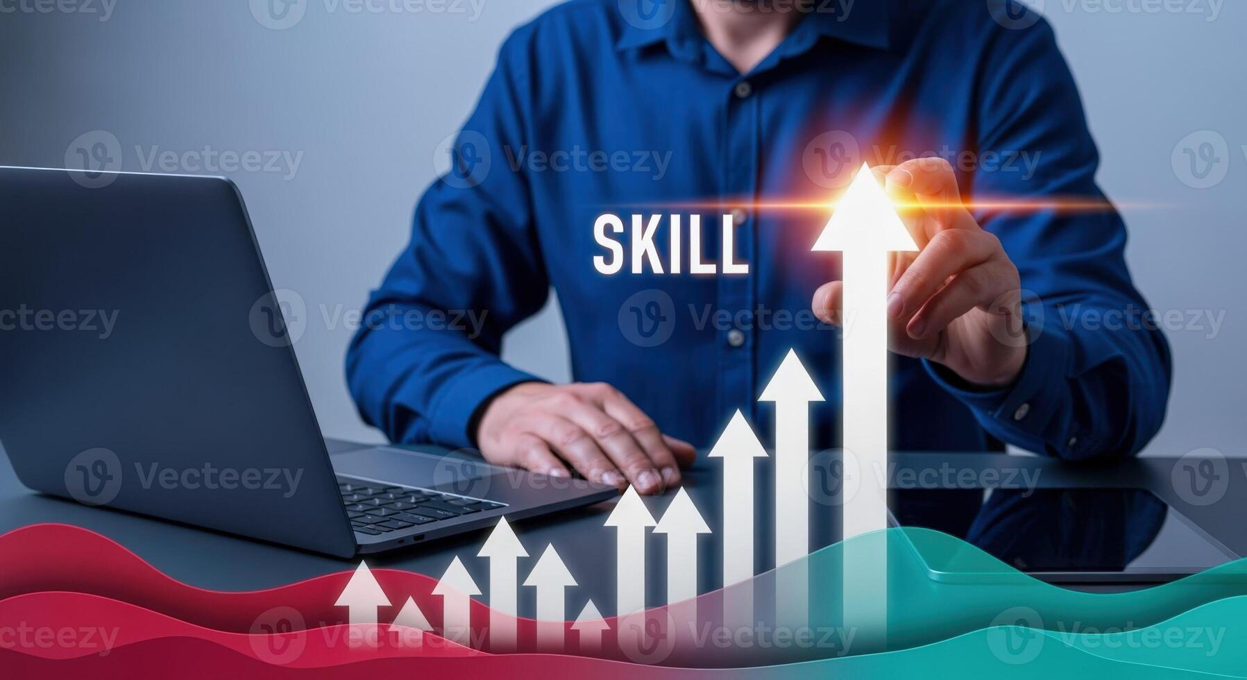 Skill Development Concept Business Professional Pointing to Arrow Graphic Displaying Growth Using Laptop photo