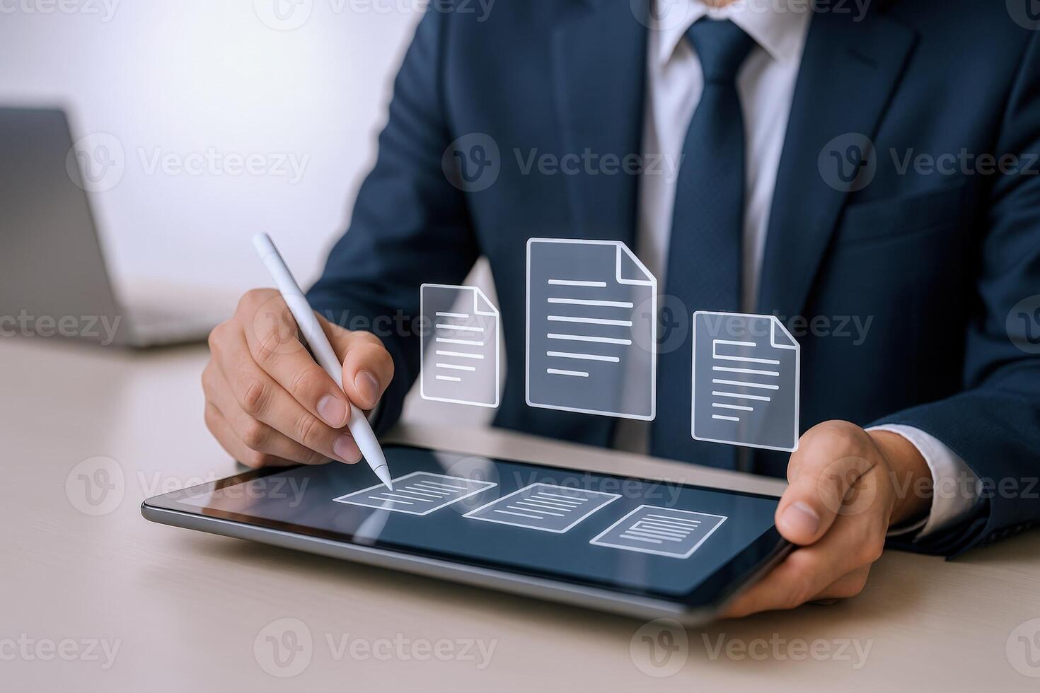 Businessman using digital tablet for document management system, online file storage and automation photo