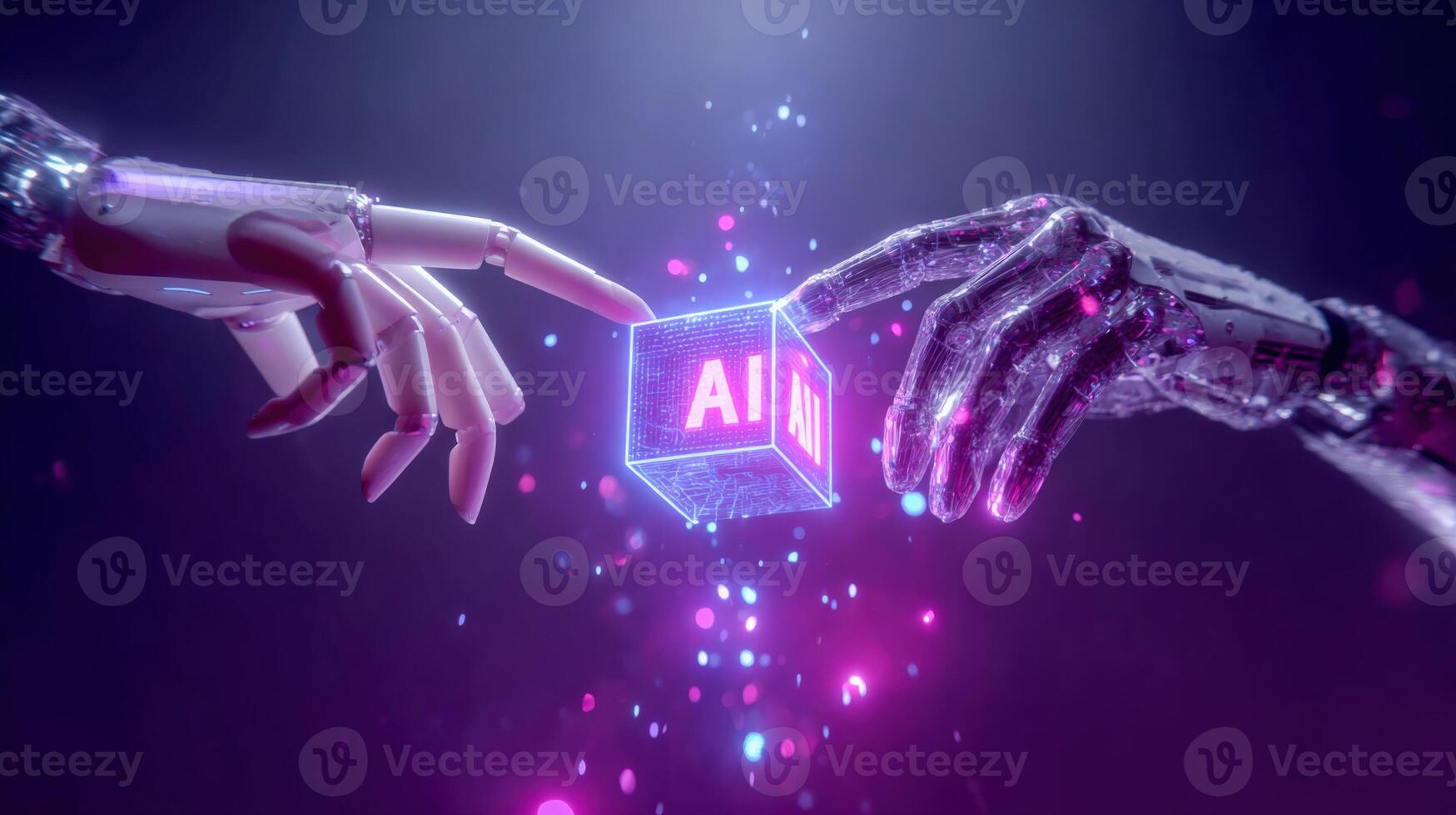 Artificial Intelligence Interaction Humanoid and Robotic Hands Touching an AI Cube in a Futuristic Environment photo