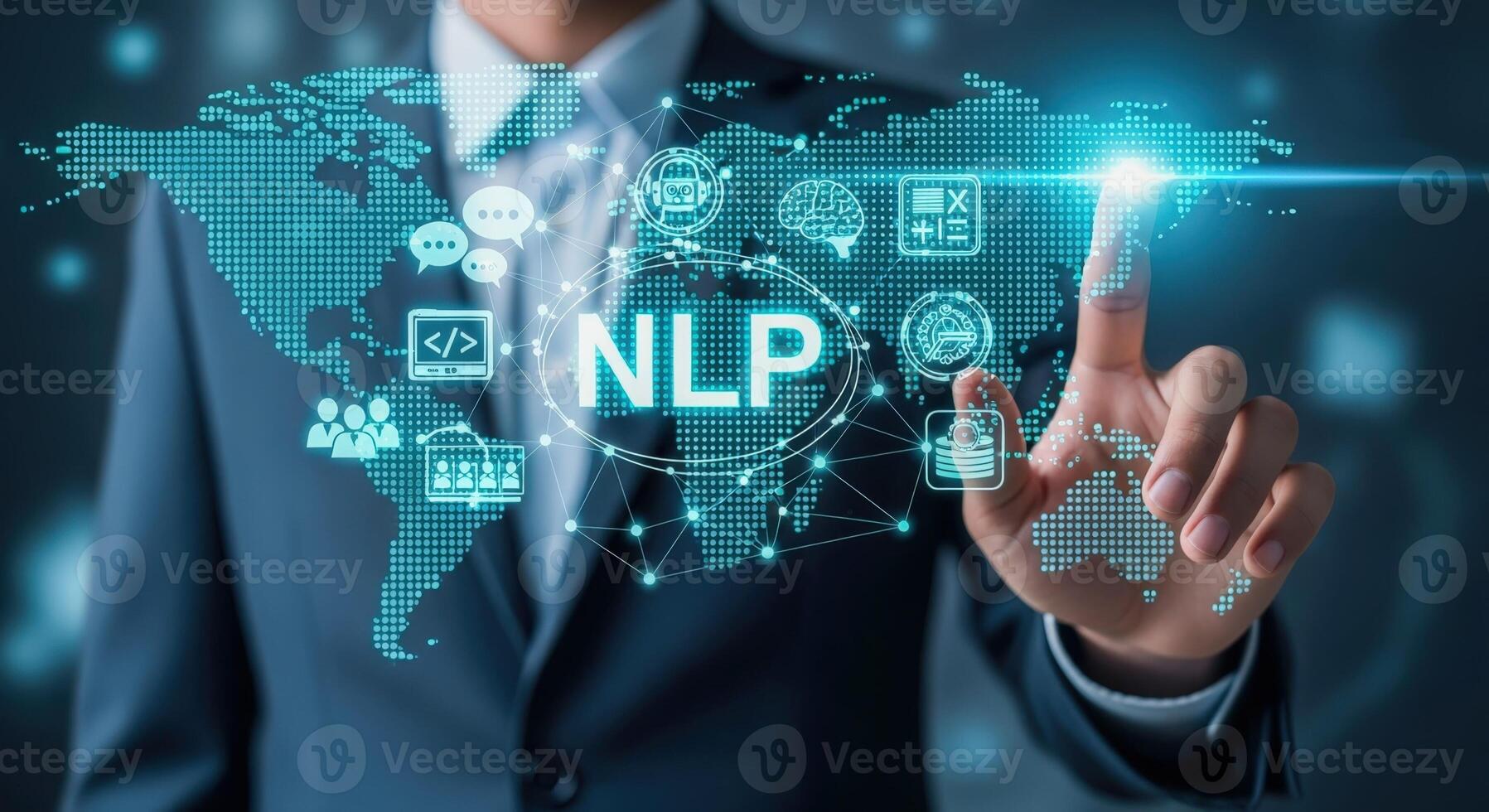 NLP Concept Businessman Touching Virtual Screen Displaying Artificial Intelligence Technology for Global Business Solutions and Future Innovations photo