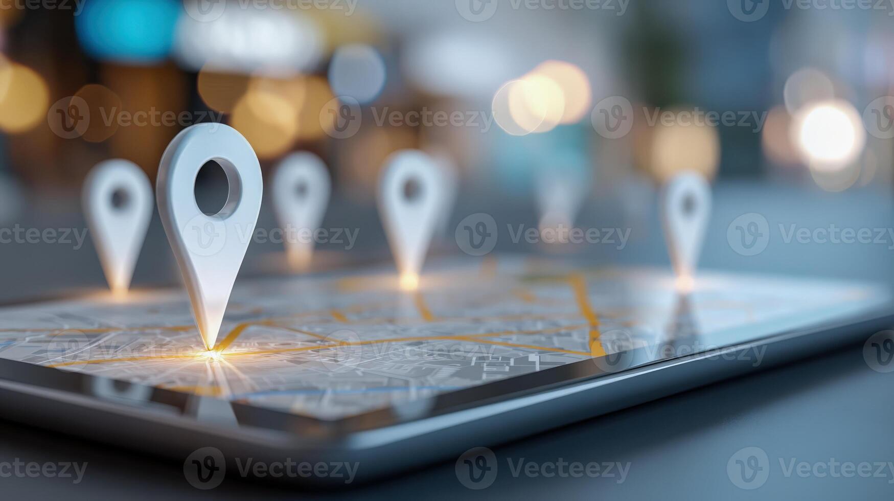 Location Pin Markers on Digital Tablet Displaying Map for Navigation and Search Applications photo