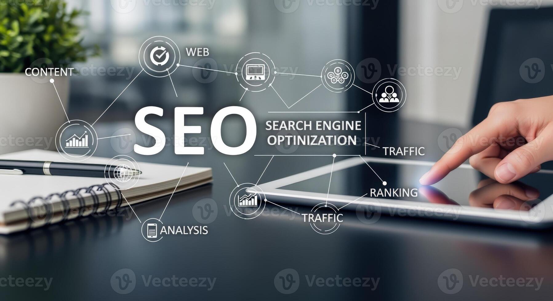 SEO Optimization Concept Close-up of Hand Touching Tablet with Search Engine Optimization Diagram and Workspace photo