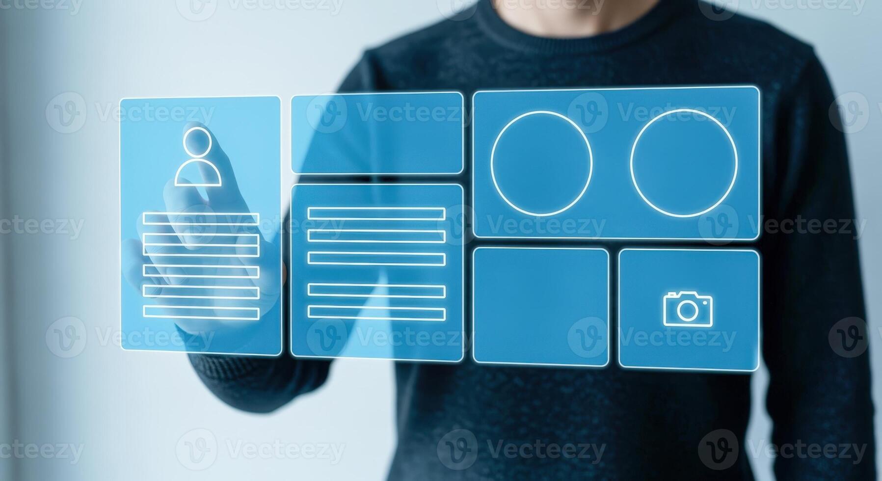 Interactive Interface Man Interacting with a Futuristic Touchscreen Display for Data Visualization and Control photo