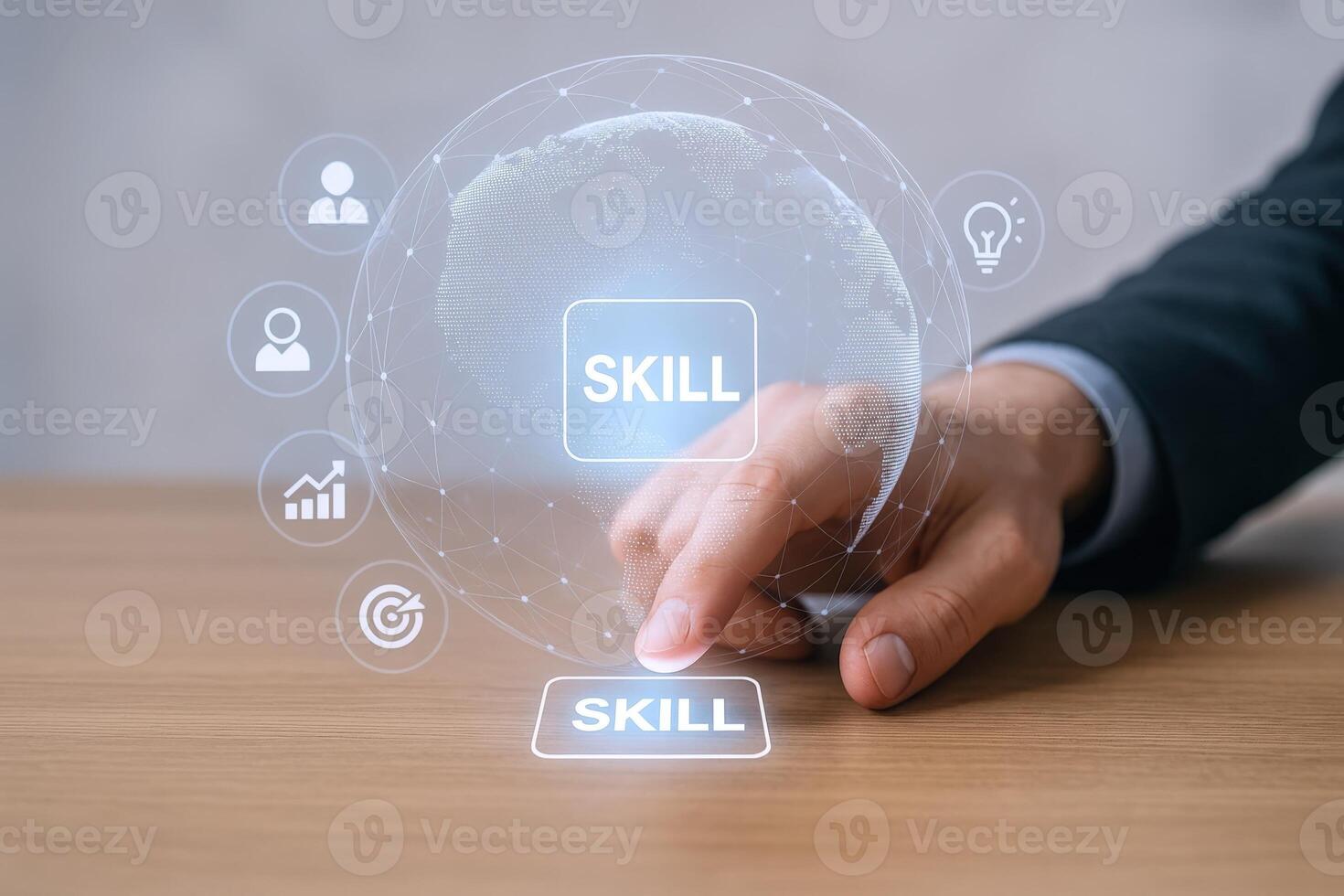 Skill Development Concept with Hand Touching Holographic Button for Growth and Expertise in Business photo
