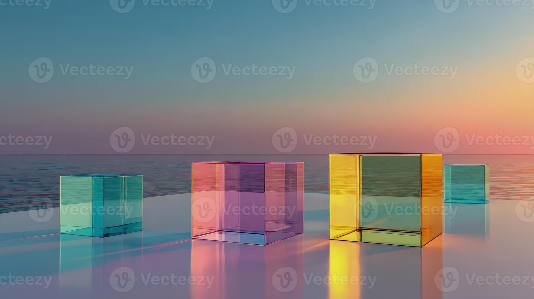 Colorful Transparent Cubes on Glossy Surface with Ocean Background, Perfect for Product Display and Mockups photo