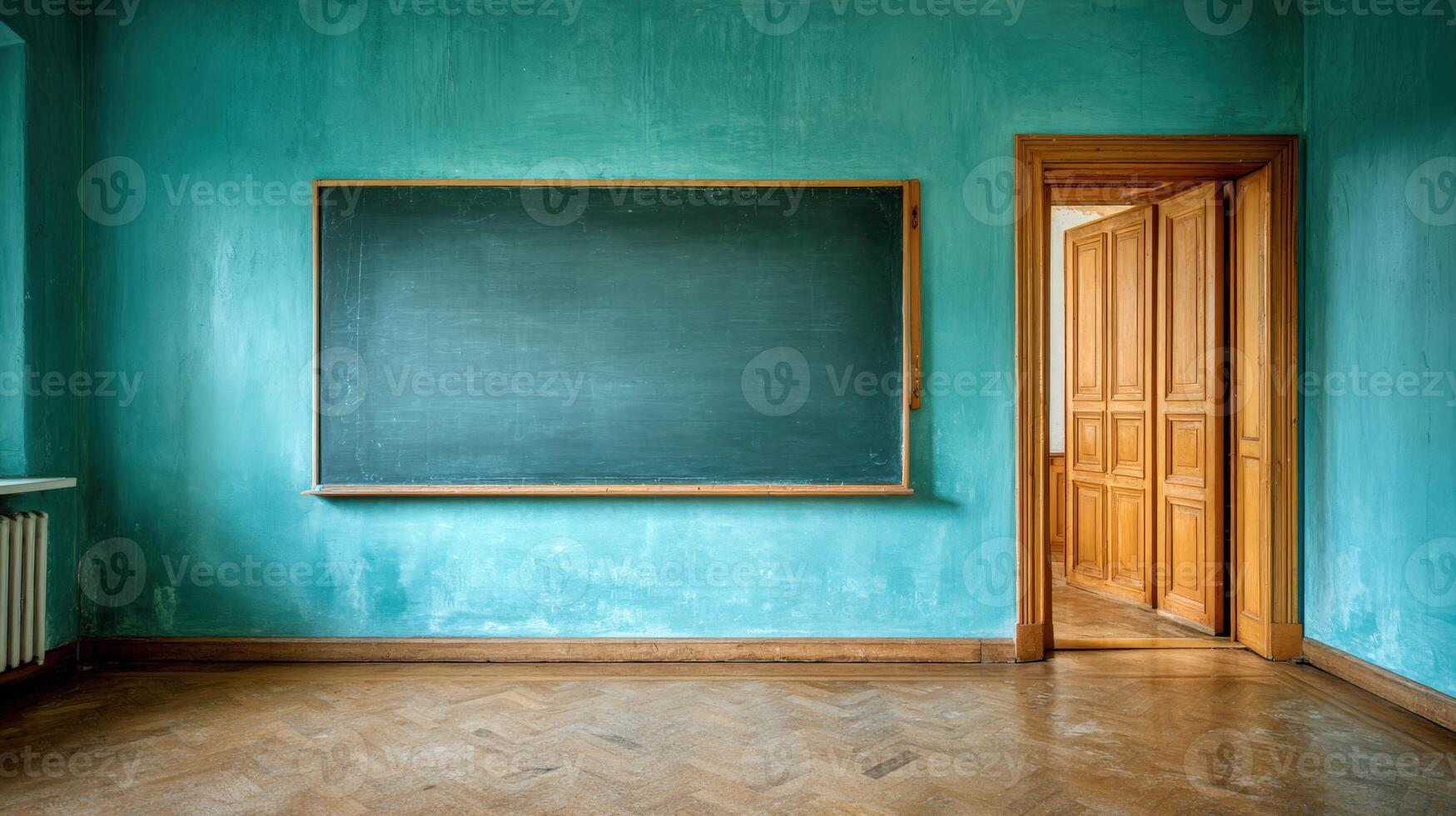 Empty Classroom with Chalkboard and Open Door, Depicting Education, Learning and New Beginnings photo