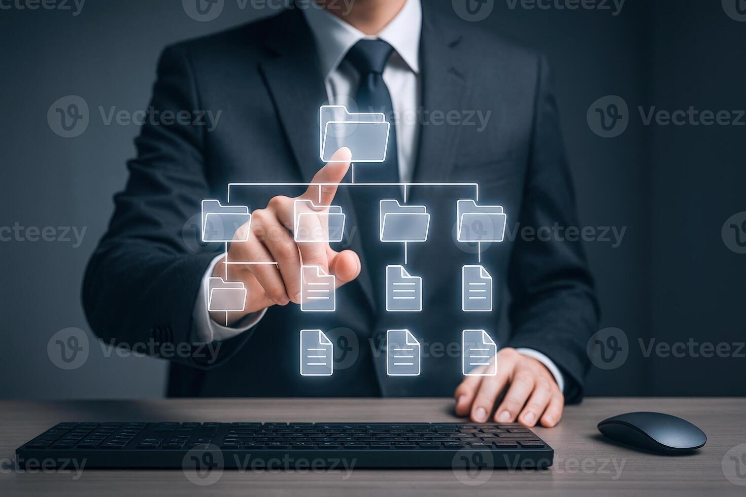 Data Management Concept Businessman Navigating Virtual Folders and Documents for Efficient Organization and Access photo