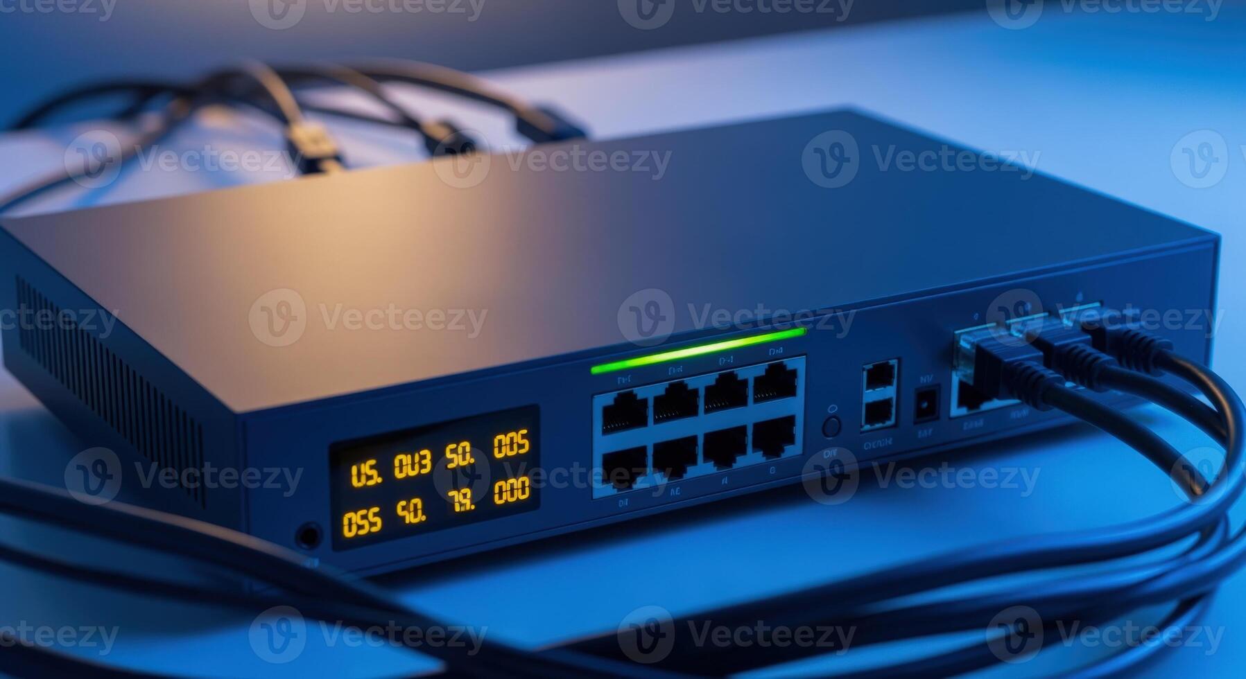 Network Switch Hardware with Ethernet Cables, Ports, and Status Lights for Data Communication photo