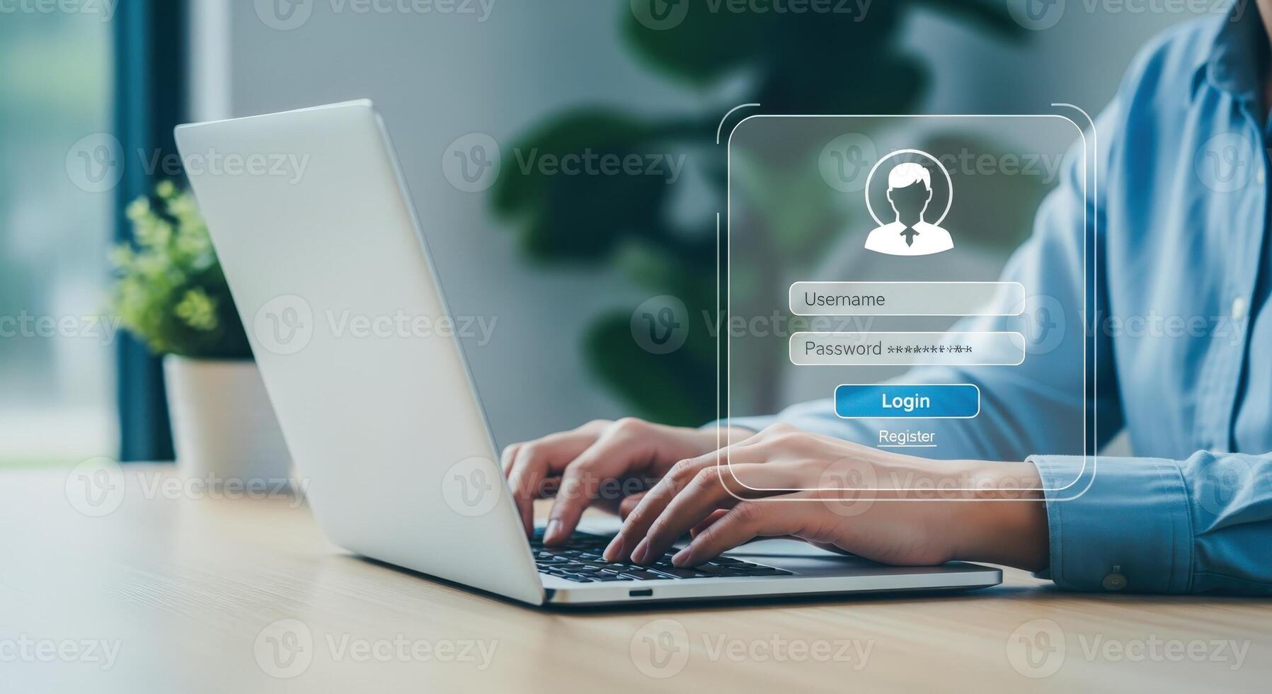 Login Authentication Process A User Typing Credentials on a Laptop with Interface Overlay photo