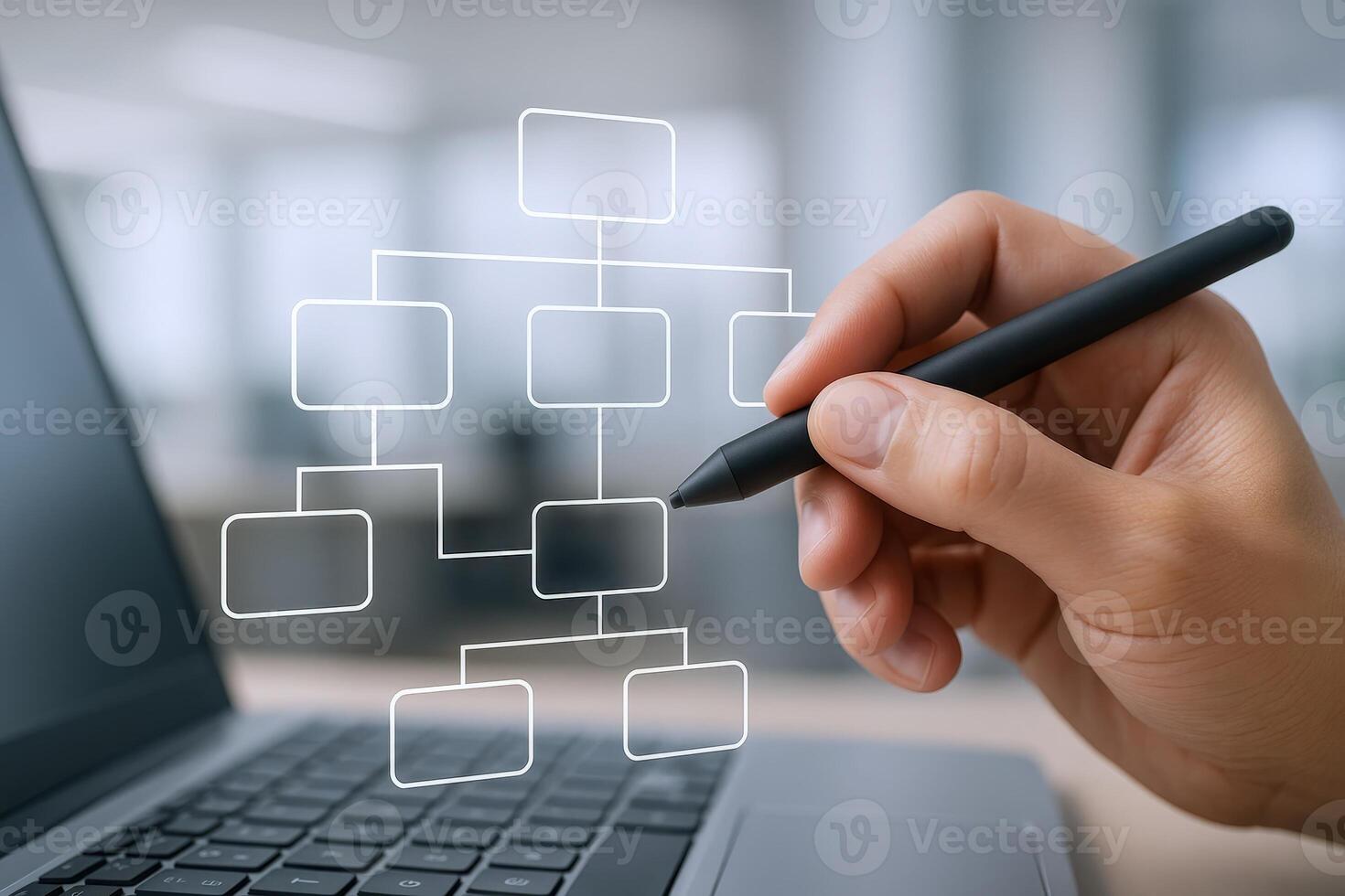 Creating Organizational Chart on Laptop Business Strategy, Workflow Diagram, Information Architecture, Website Navigation, System Planning photo