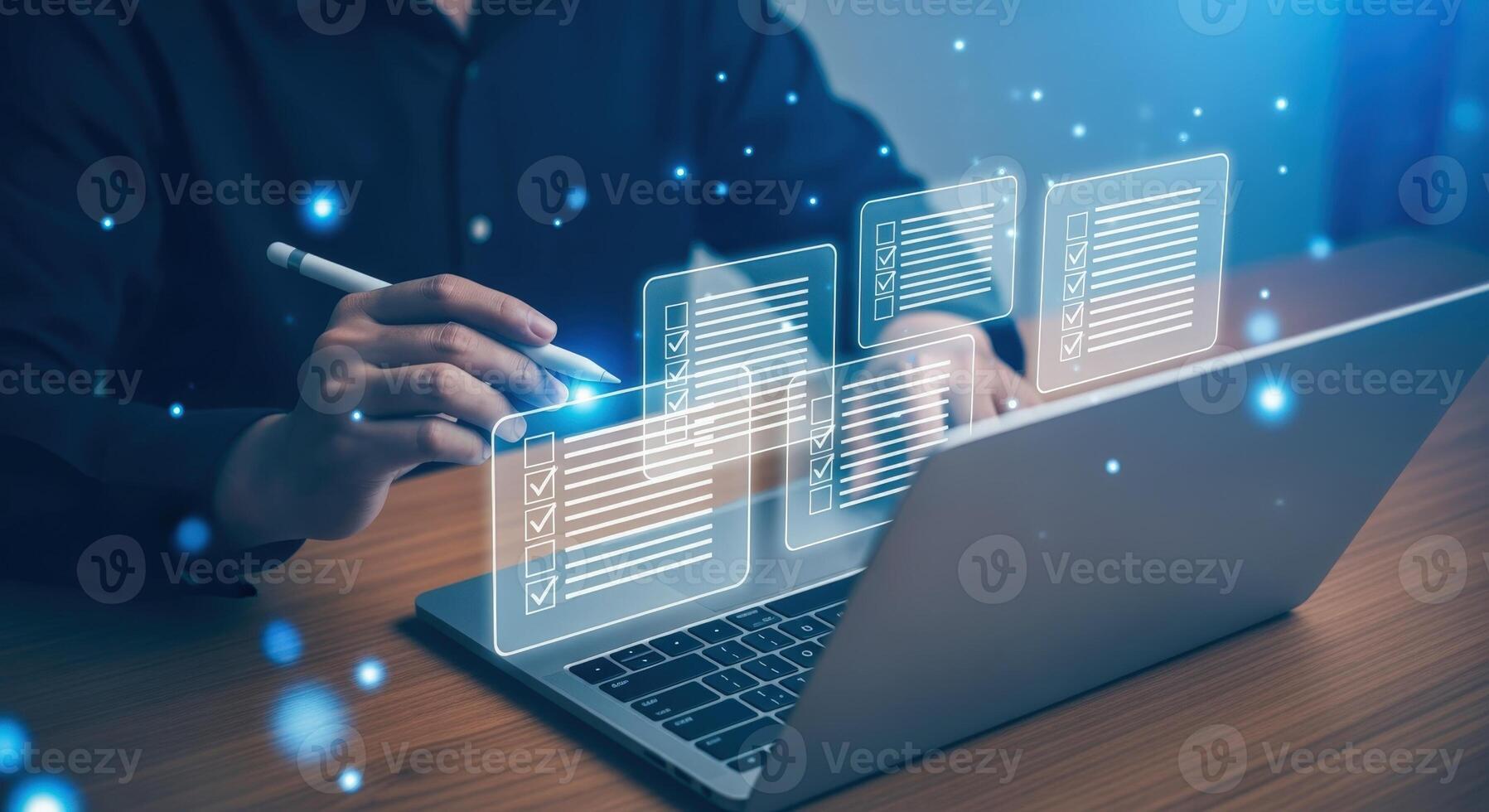 Digital Document Management Businessman Approving Online Forms on Laptop with Stylus for Efficient Workflow photo