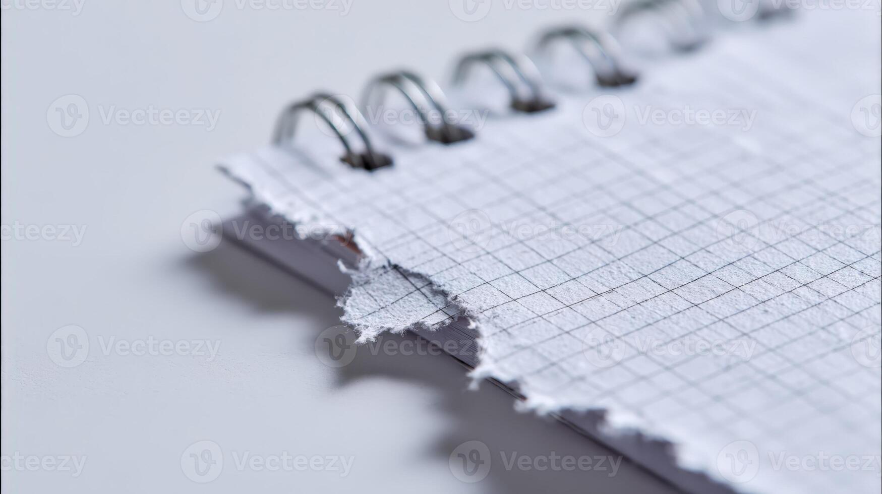 Torn page from a spiral notebook with graph paper, on a white background, close up shot photo