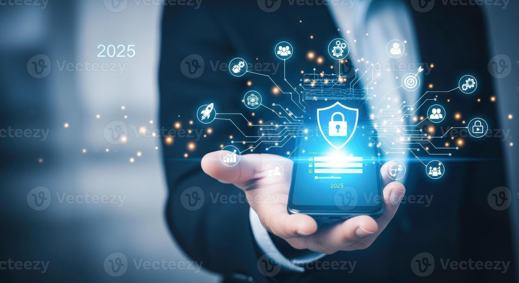 Cybersecurity Solutions in 2025 Businessman Holding Secure Smartphone with Protective Shield, Digital Network, Cloud Computing, Data Encryption Technologies photo