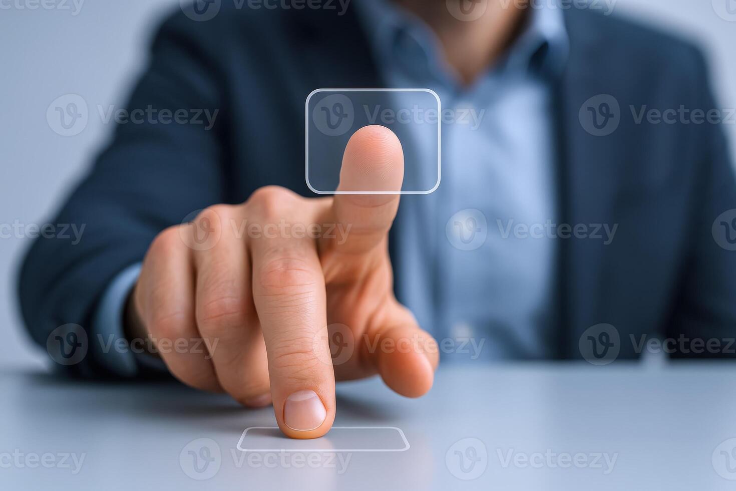 Businessmans Hand Interacting with a Virtual Touchscreen Display, Emphasizing Technology and Modern Interface photo