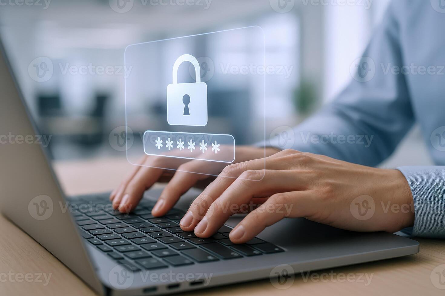 Data Security Person Typing Password on Laptop for Cybersecurity Authentication and Encryption Measures photo