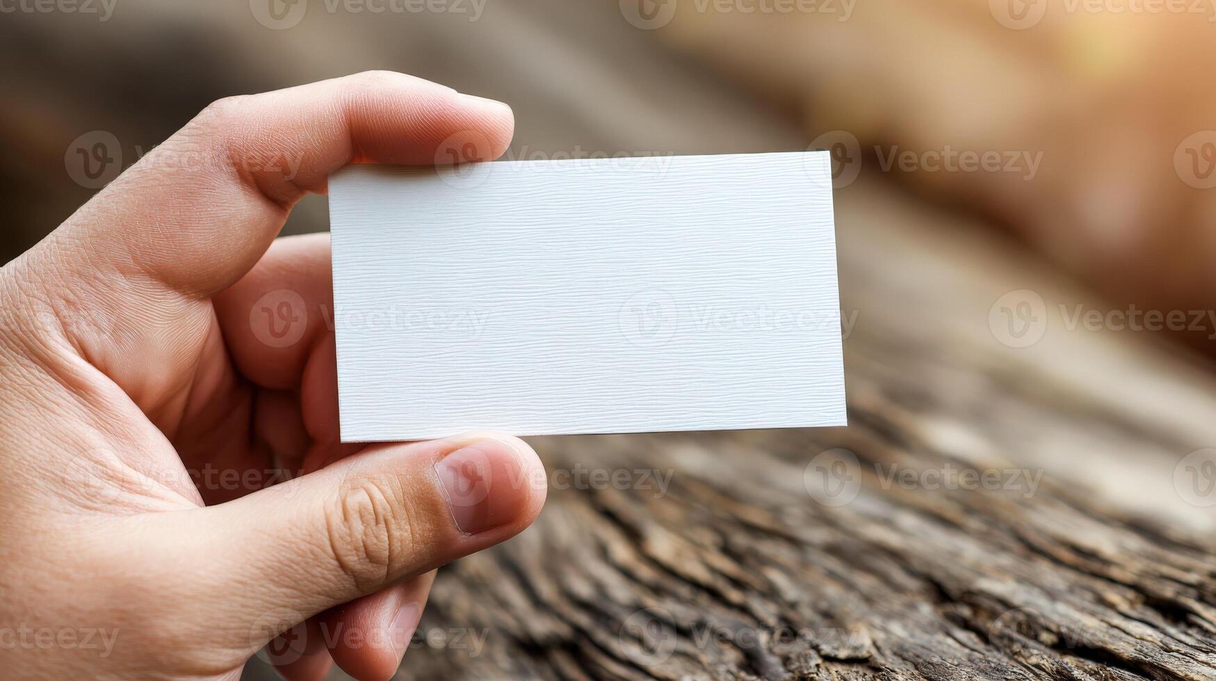 Hand Holding Blank Business Card on Wood Surface for Mockup Display and Design photo