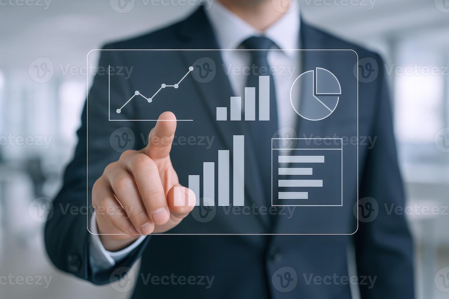 Businessman Analyzing Financial Data and Business Growth Metrics on a Transparent Digital Interface photo