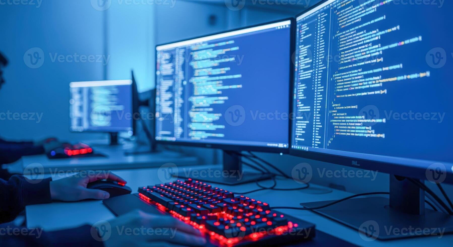 Developer Working on Code with Multiple Monitors Displaying Programming Language, Cybersecurity Data, and Bright Keyboard photo