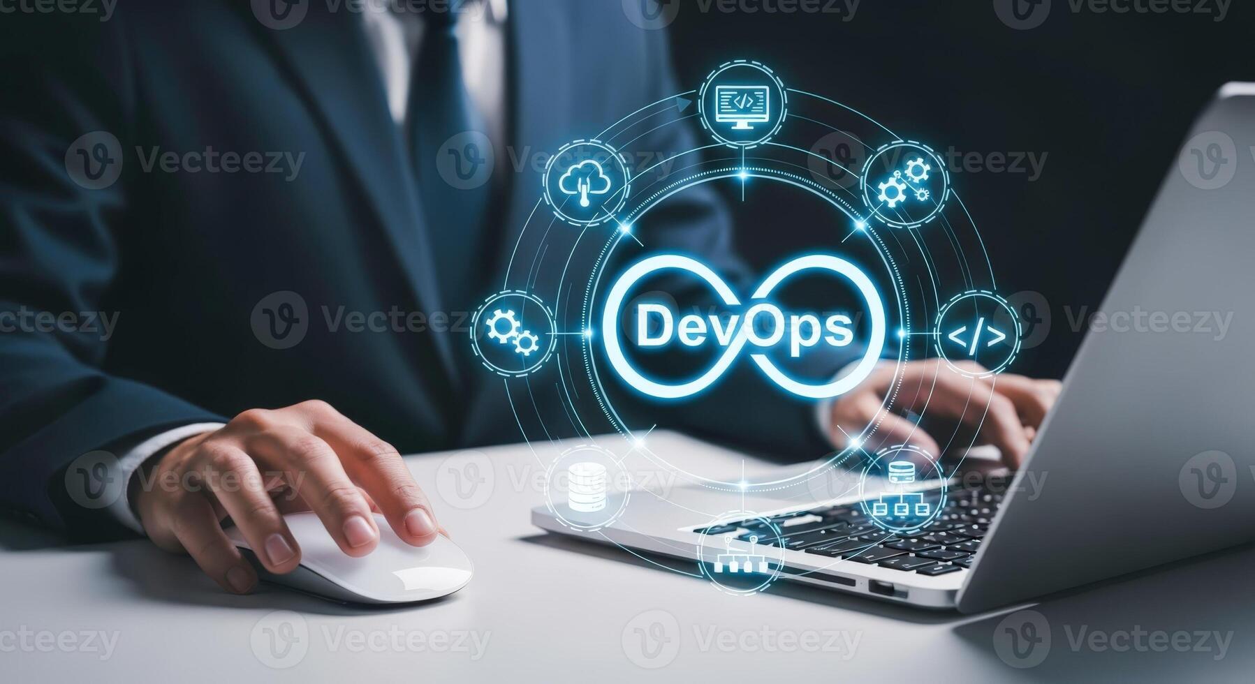 DevOps Engineer Working on Laptop with Digital Technology and Cloud Computing Solutions photo