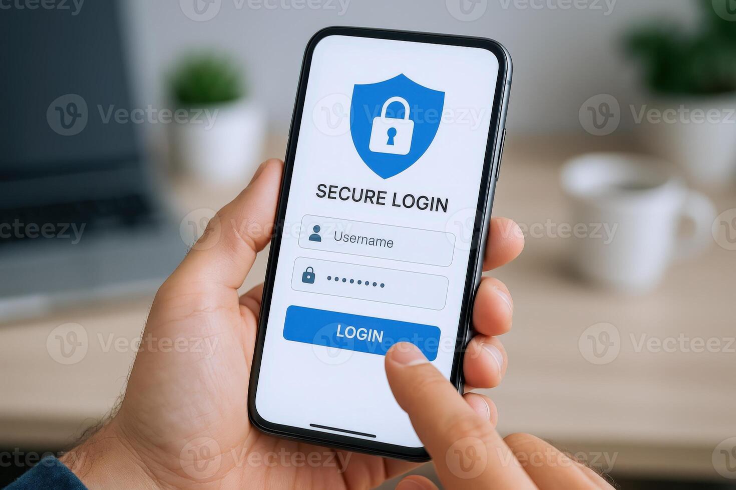 Secure Mobile Access Hand Holding Smartphone with Login Screen for Security Authentication photo