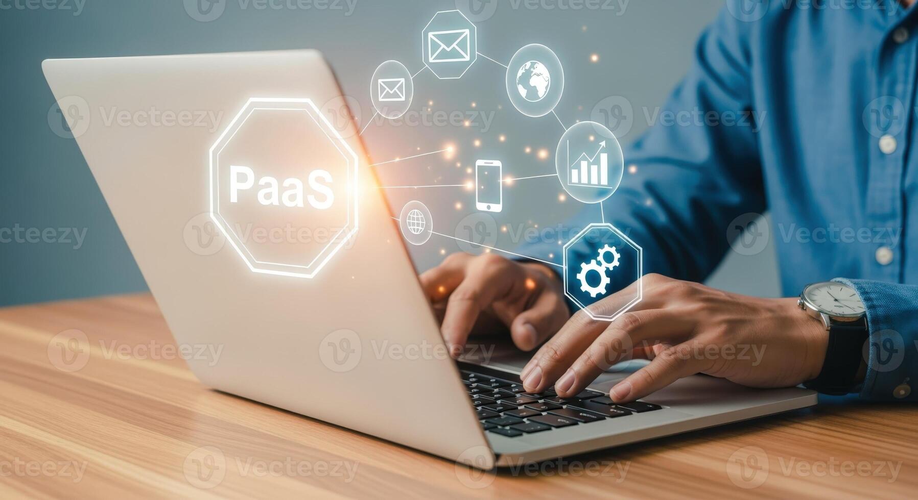 Platform as a Service Man coding with laptop on wooden desk Cloud computing and data management photo