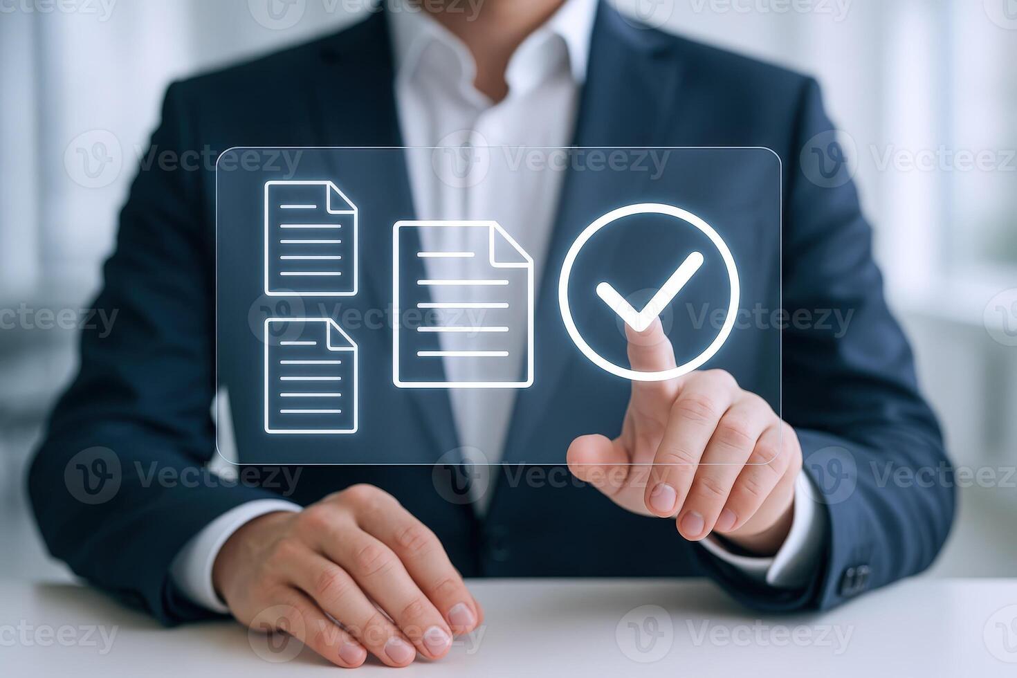 Businessman Interacting with Digital Compliance Interface Documents and Approval Confirmation, Illustrating Regulatory Adherence and Efficient Workflow photo