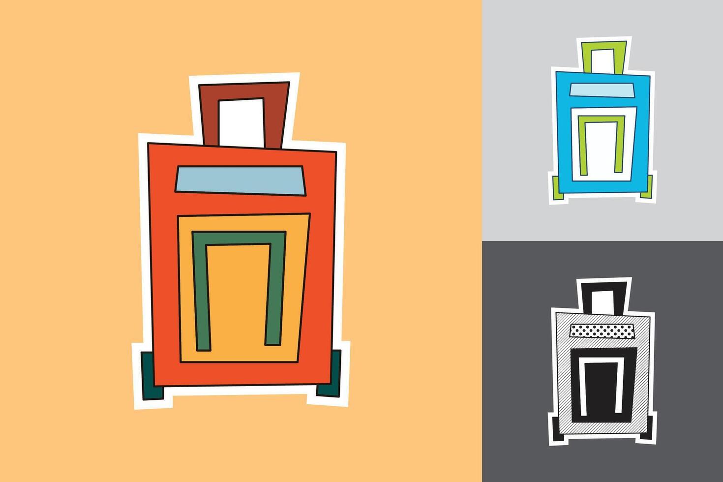 Suitcase Sticker in Cutout Hand Drawn Style with Dark Line Art in Three Different Color Theme vector