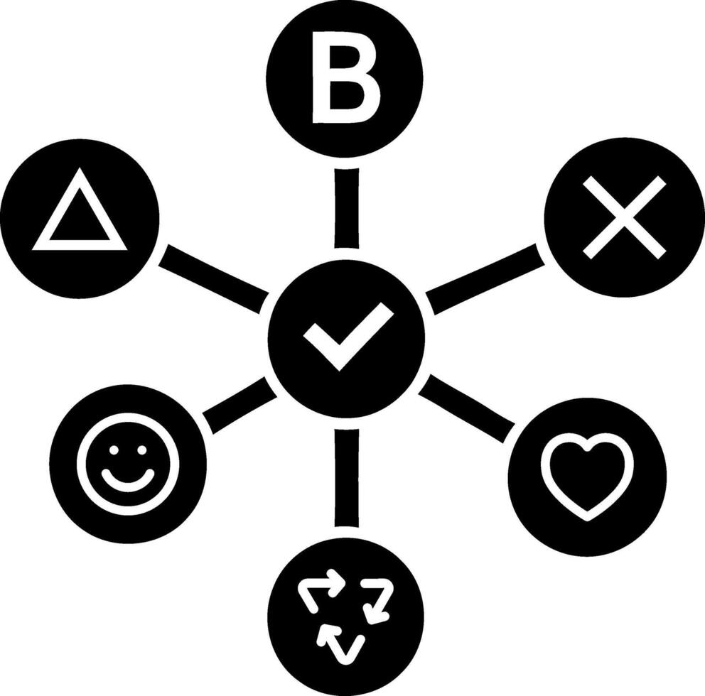Central checkmark connects simple icons network flowchart idea vector