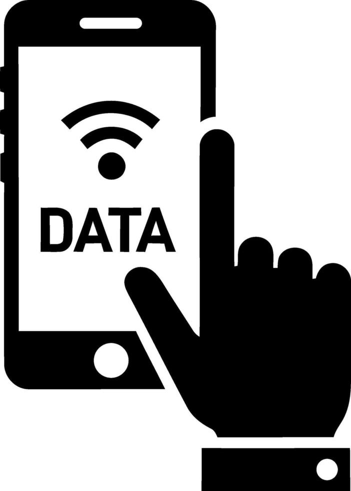 Hand touching smartphone showing data connection icon vector