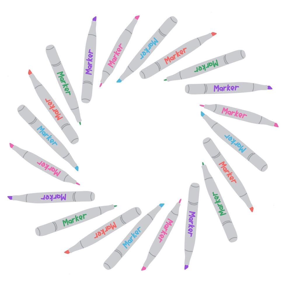 Colorful markers arranged in circular wreath shape with text on each pen. Concept of creativity, design tools and artistic expression in playful layout vector