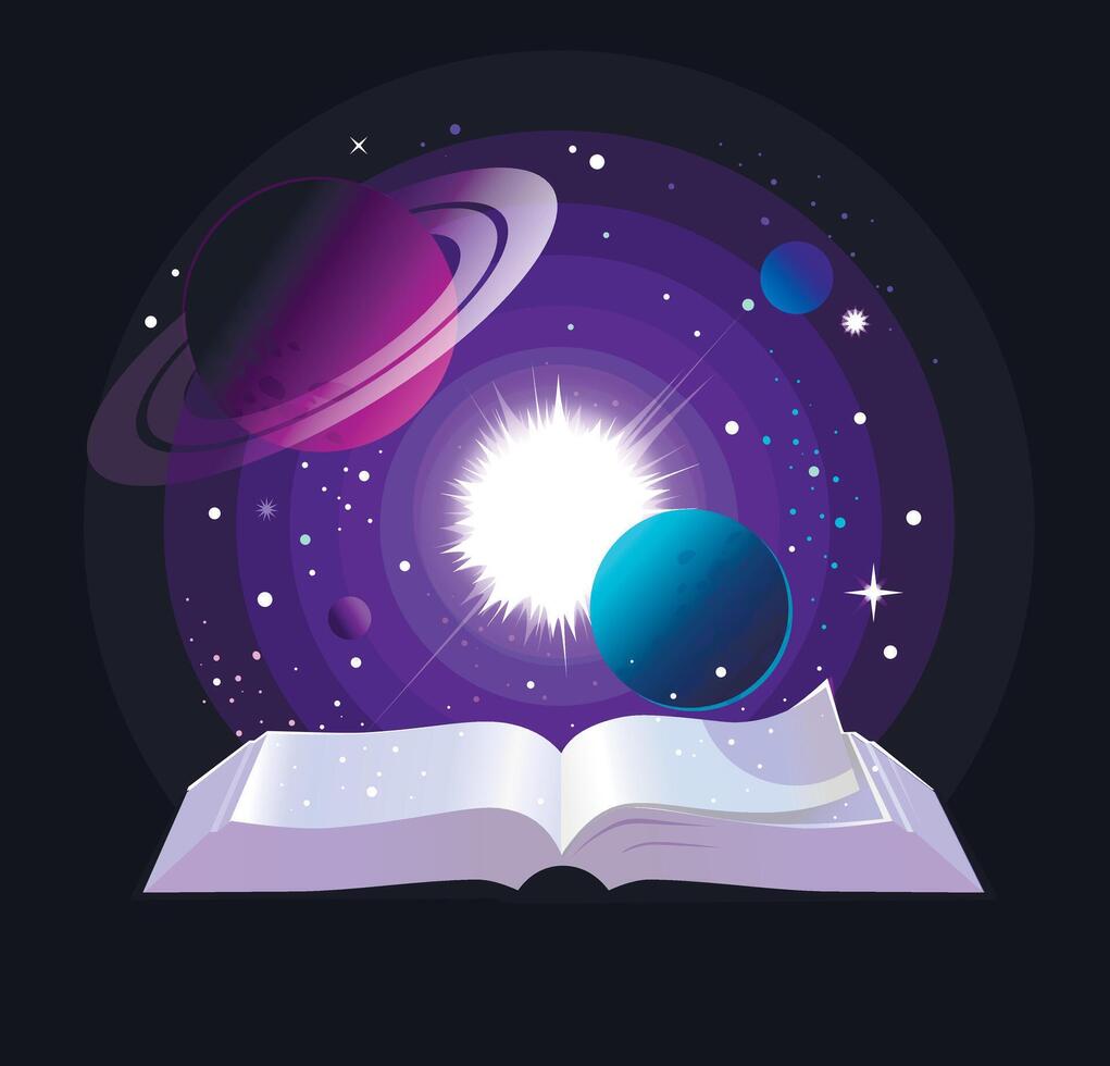 Open Book with Planets and Universe. Magical art with glowing light bursting into cosmic space with planets, stars and galaxies symbolizing imagination, fantasy, knowledge and creativity vector