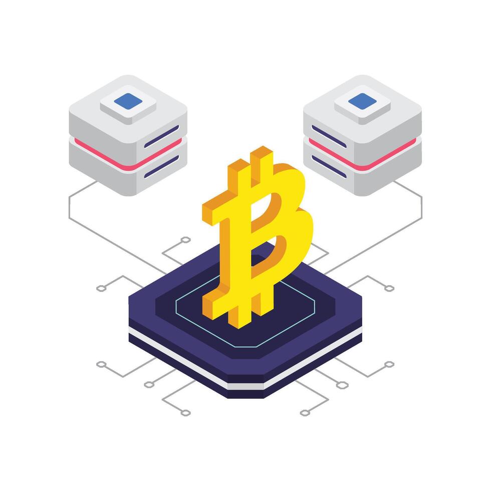 Digital Bitcoin Network isometric illustration. vector