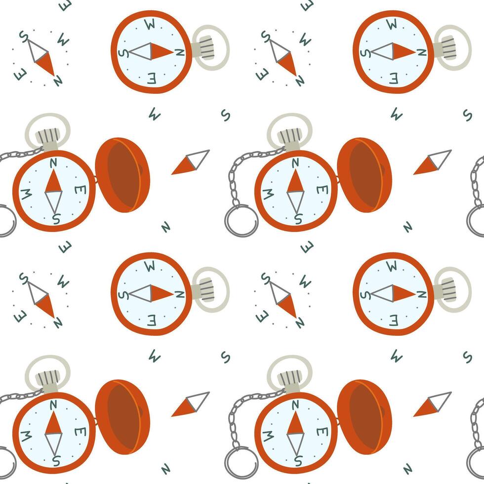 Compass pattern with a chain cover. Flat color seamless texture. Navigation. Item for hiking in the forest that allows you to track your direction. Packaging design. Picnics, hiking, camping vector