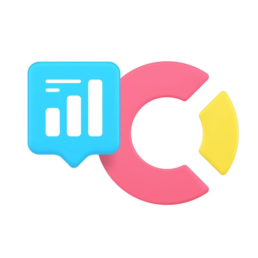 3d Realistic Icon Of Blue Pie Chart And Yellow Bar Graph Inside Speech Bubble For Data Analytics vector
