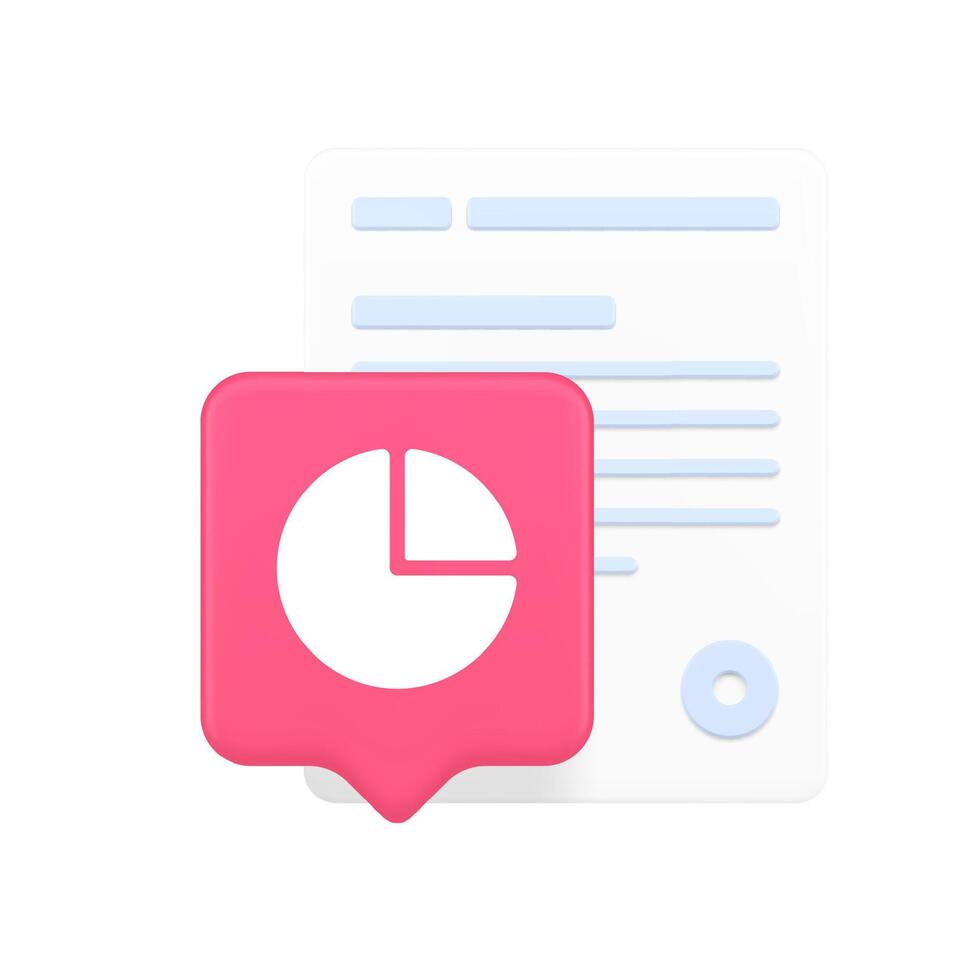 3d Realistic Icon Of White Document With Blue Text And Pink Pie Chart Speech Bubble For Data Analysis vector