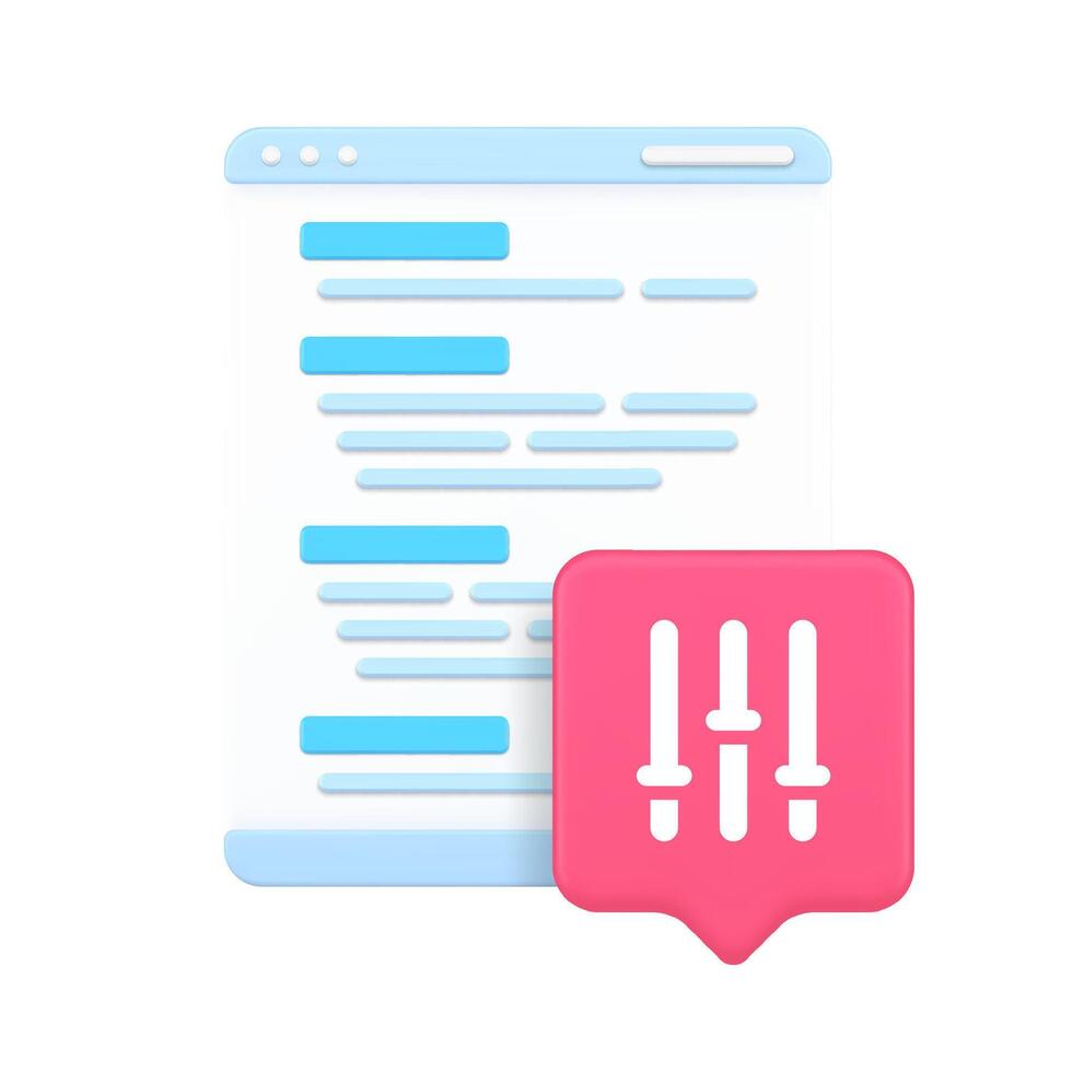 3d Realistic Icon Of Code Page And Pink Settings Sliders Speech Bubble For Programming Configuration vector