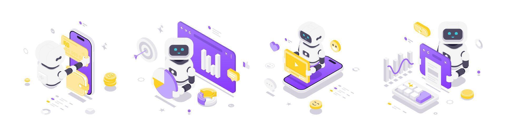 Robots working on data analysis vector