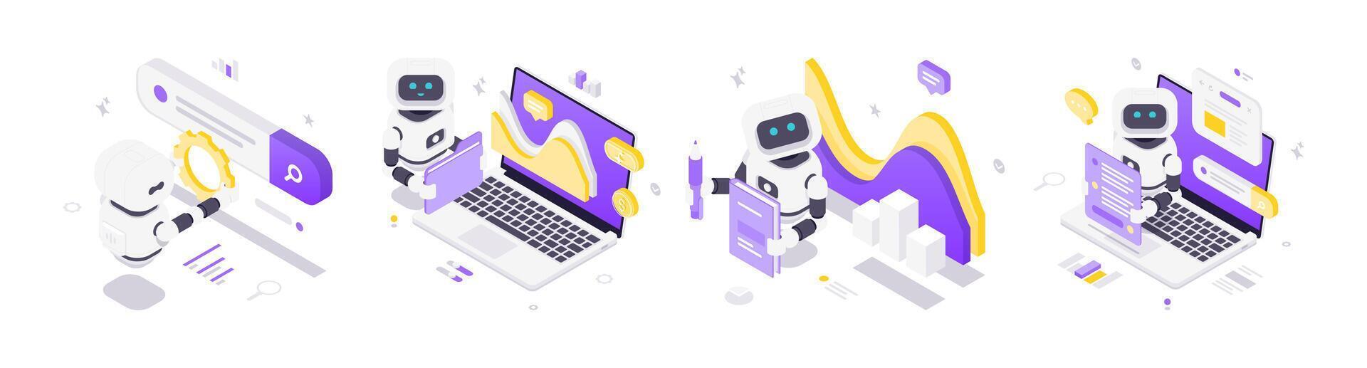 moderno isométrica ilustración de artificial inteligencia robots en seo datos aprendizaje y charla vector