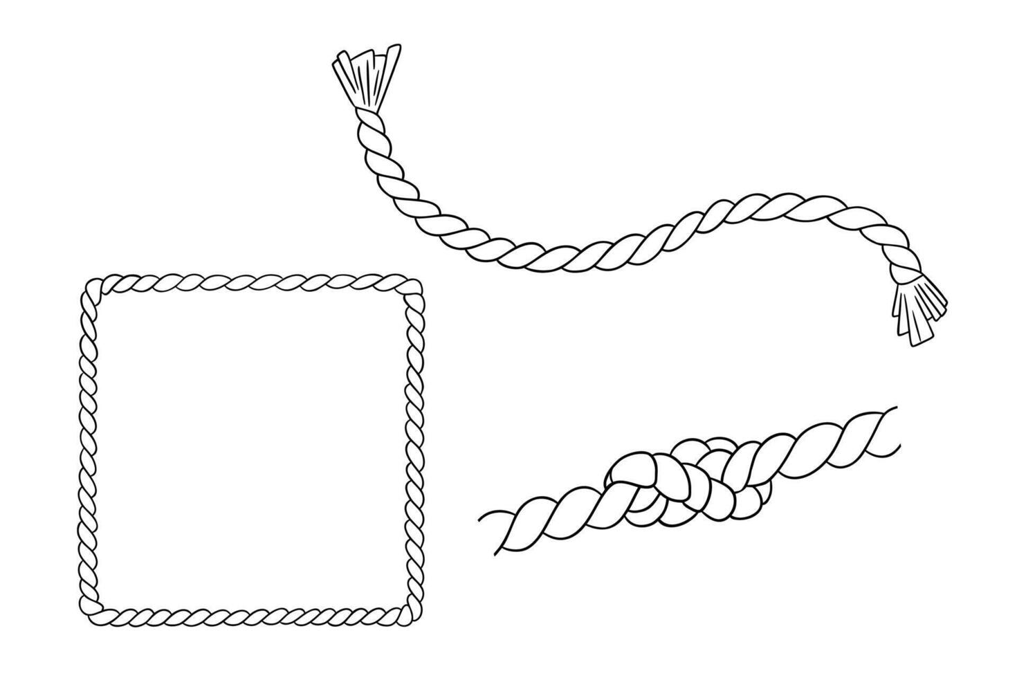 Set of rope knot and square frame. Nautical, travel loop. Vintage outline border isolated on white background. Line art vector